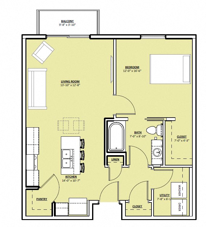 Floor plan for 1 bed, 1 bath, 781 sqft